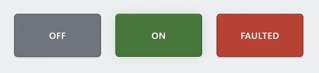 Three indicators side by side reading OFF in gray, ON in green and FAULTED in red.
