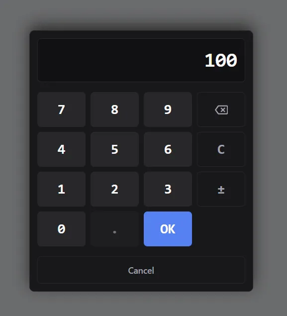 The keypad: a readout above digit keys, with backspace, clear, sign, OK and Cancel.