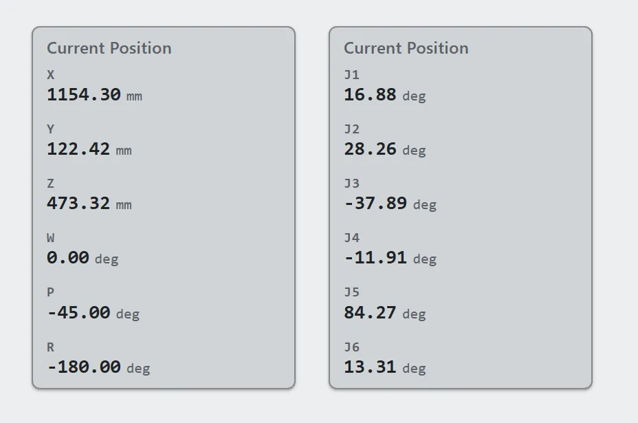 Two position controls: one listing X, Y, Z, W, P in millimeters and degrees, the other J1 to J5 in degrees.