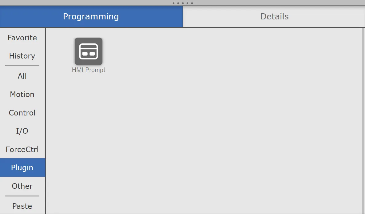 The timeline editor’s Programming tab with the Plugin category selected, showing the HMI Prompt icon.