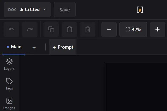 The screen tab bar: a Main screen tab, a plus, a divider, and a + Prompt button.