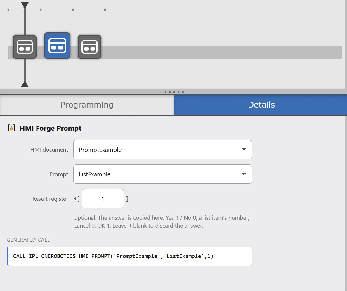 The timeline editor with an HMI Prompt icon selected, and its Details tab showing HMI document, Prompt, and Result register fields above the generated call.