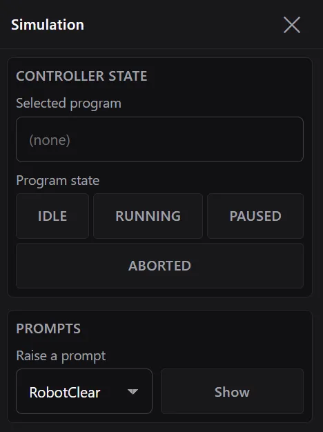 The Simulation panel with a Prompts section: a dropdown showing RobotClear and a Show button.