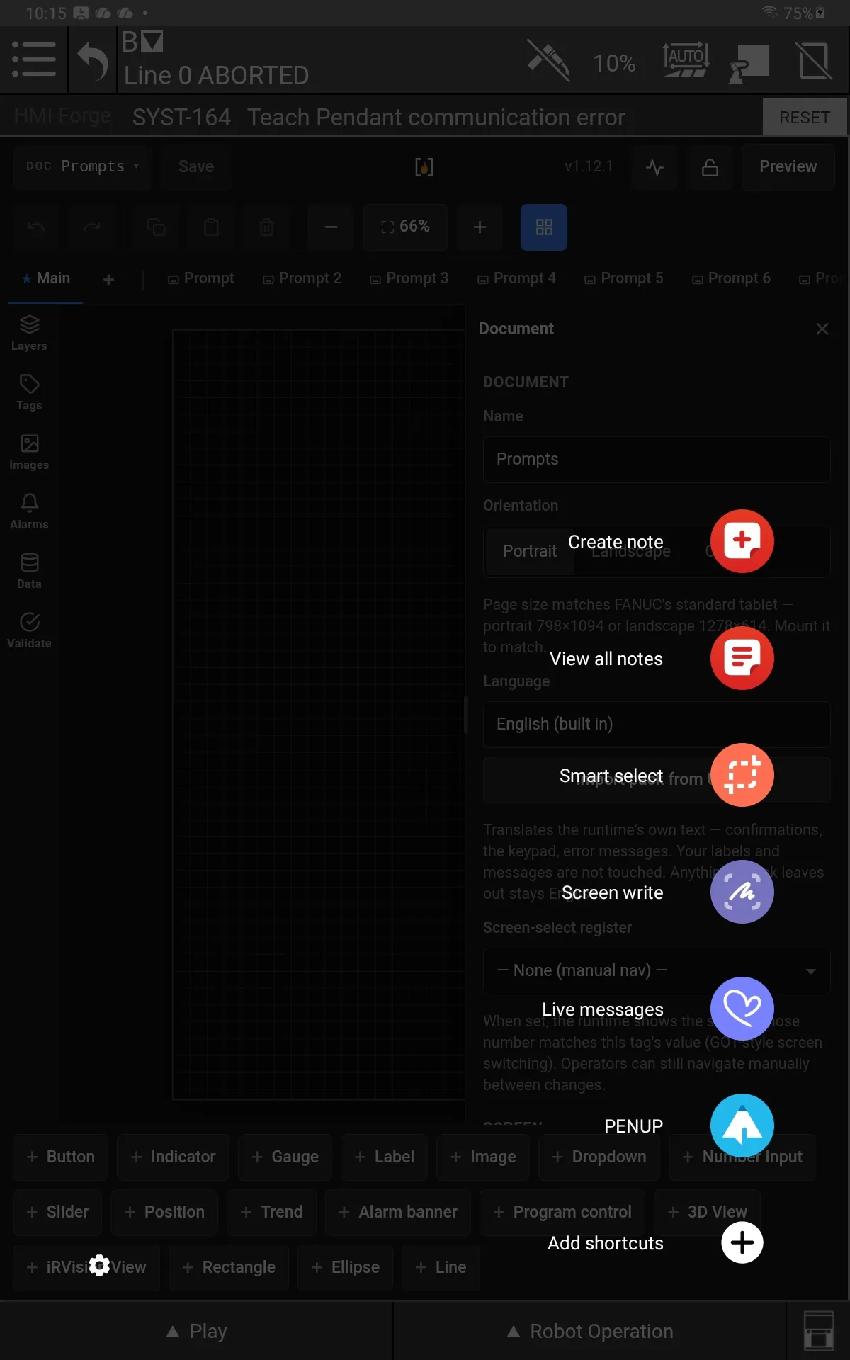 The editor with Samsung’s Air command wheel open over the properties panel: Create note, View all notes, Smart select, Screen write, Live messages, PENUP.