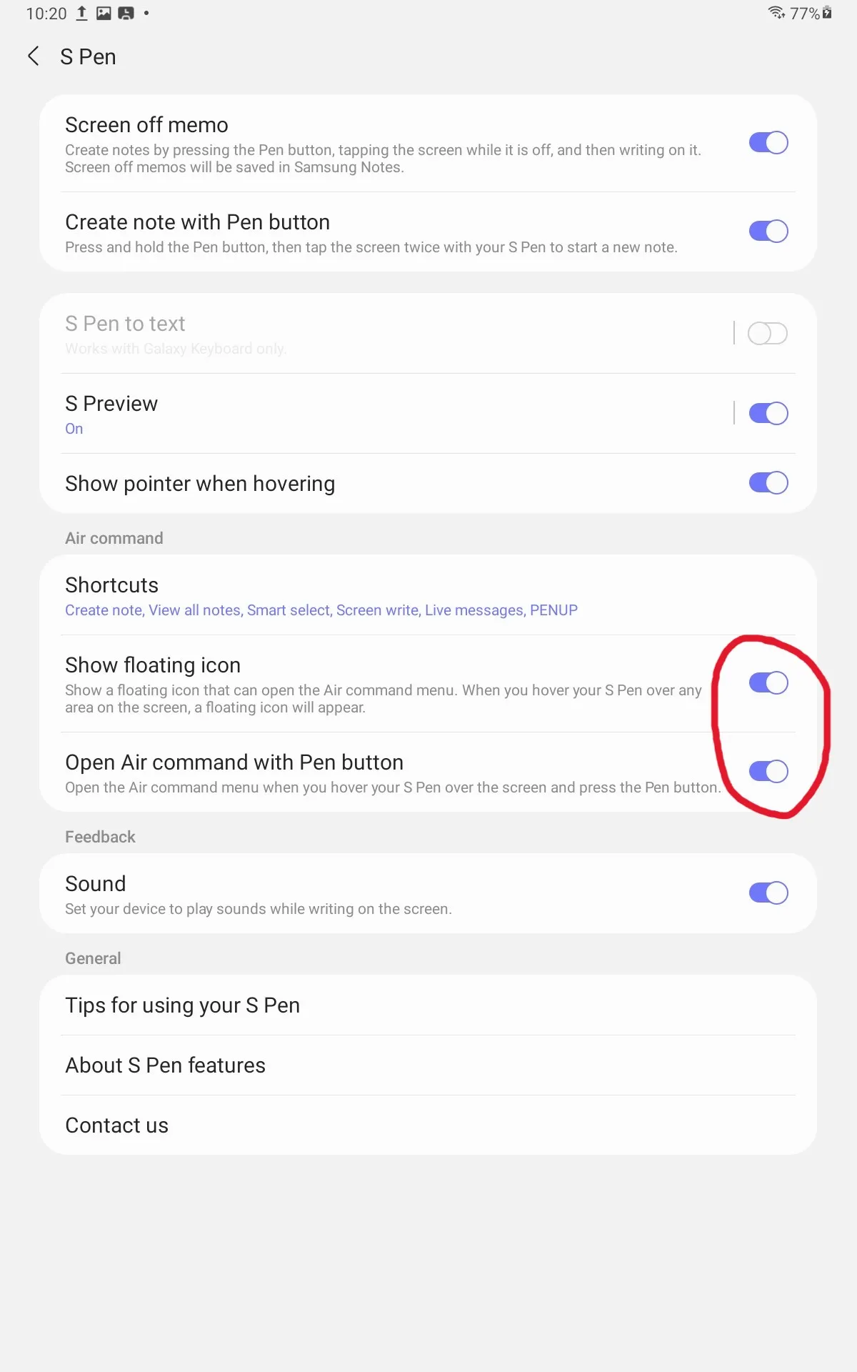 The tablet’s S Pen settings, with the two Air command switches, Show floating icon and Open Air command with Pen button, circled in red.