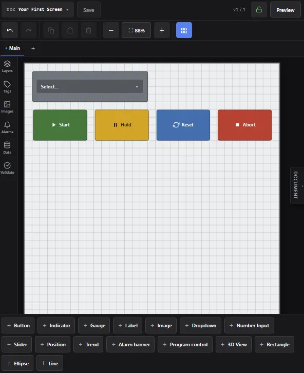 The editor with a finished first screen: a program dropdown above a Program control showing Start, Hold, Reset and Abort.