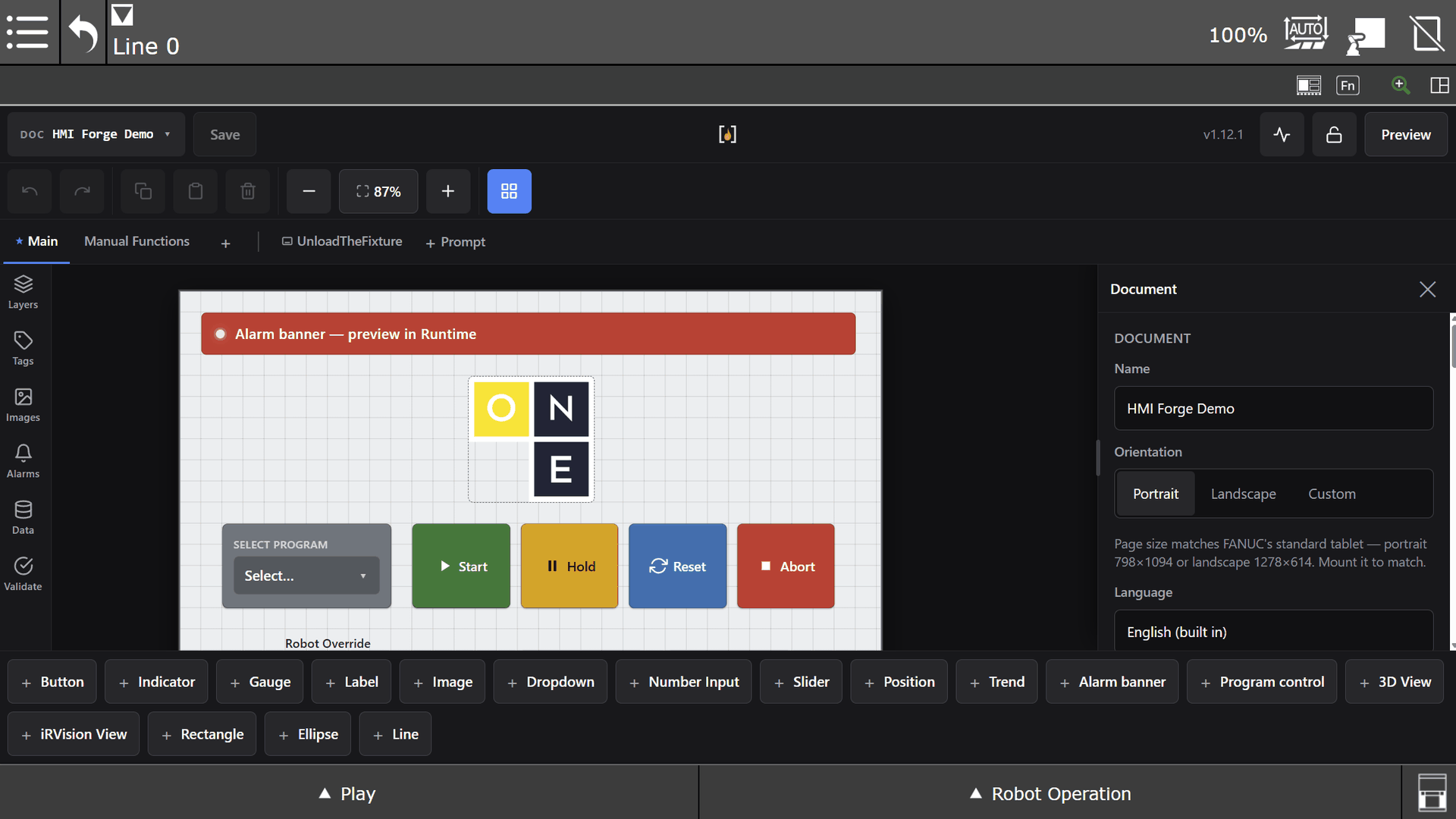 The HMI Forge editor on the Tablet TP: a canvas holding an alarm banner, a logo, a program dropdown and Start, Hold, Reset and Abort buttons, with the control palette along the bottom and the document panel open at the right.